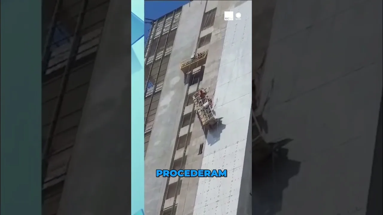 Cabo arrebenta e andaime fica pendurado com operários