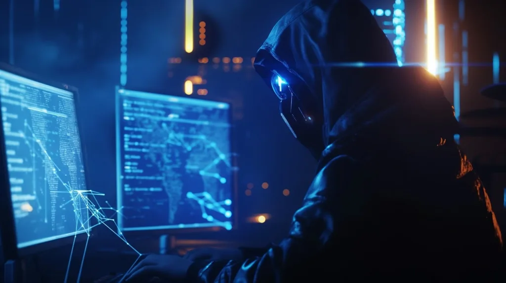 Hacker observa monitores