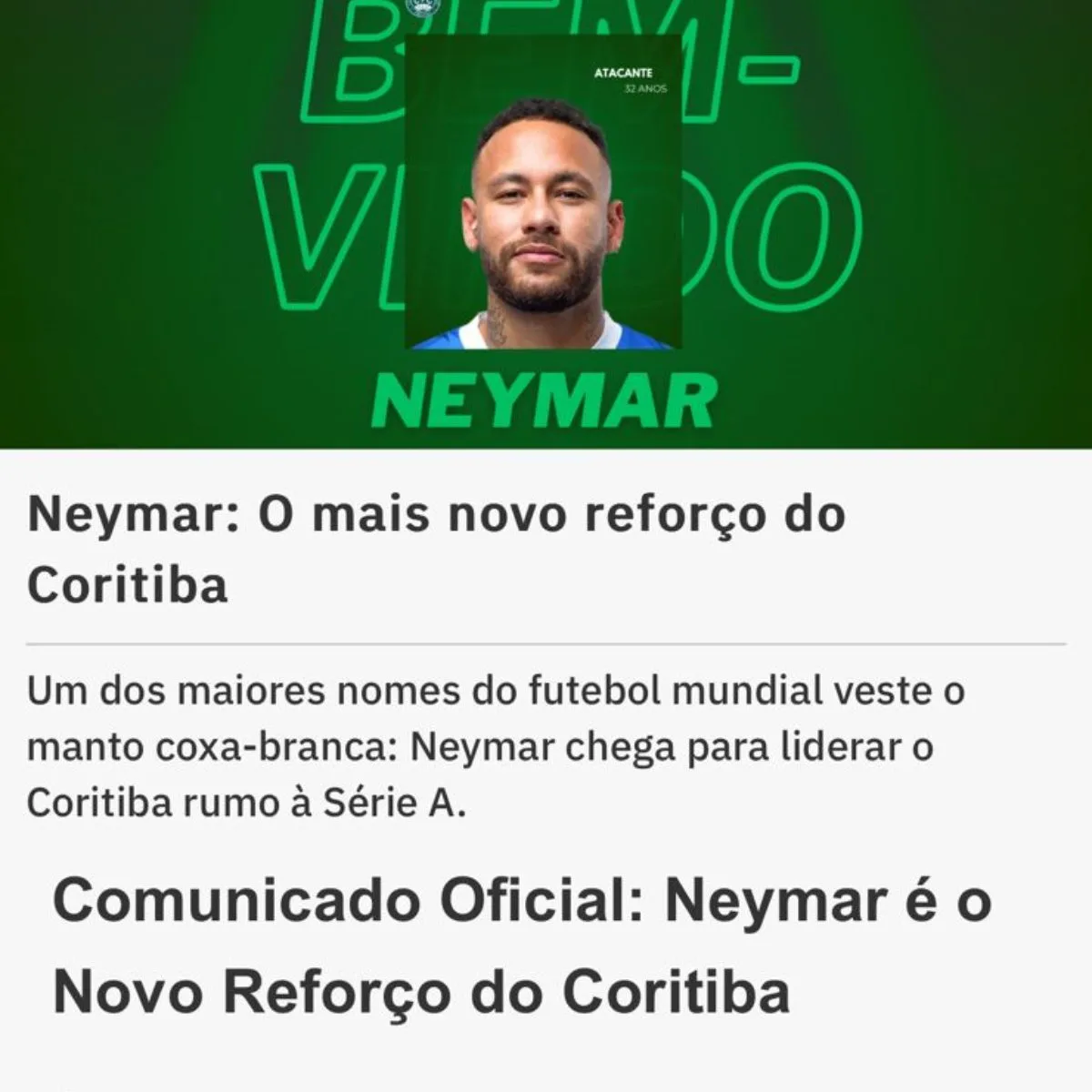 Neymar no Coritiba? Site do clube anuncia jogador após ataque hacker