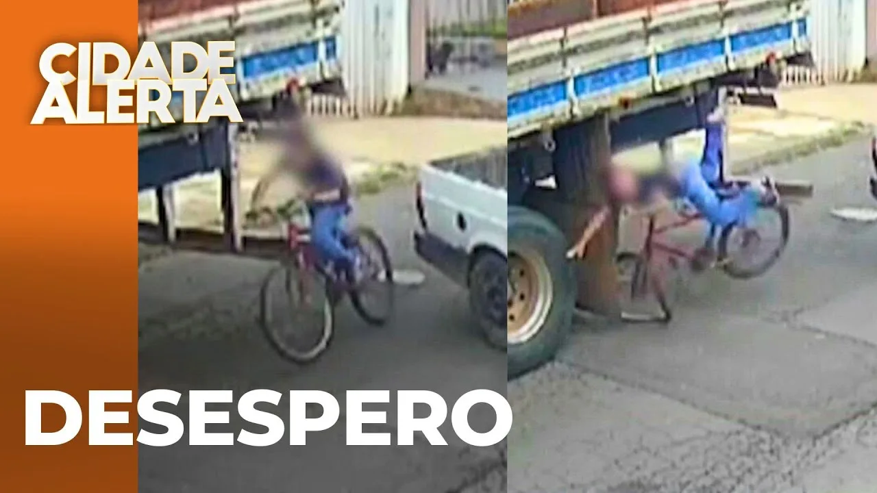 Criança, com bicicleta sem freios, grita por socorro, mas bate em caminhão e 'voa longe'