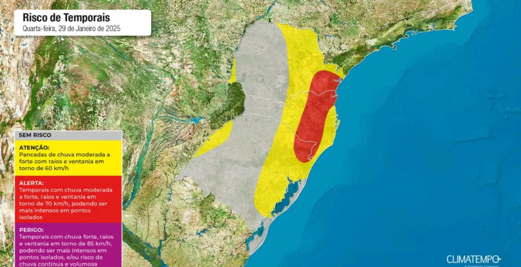 Mapa aponta regiões em risco de temporais no Paraná