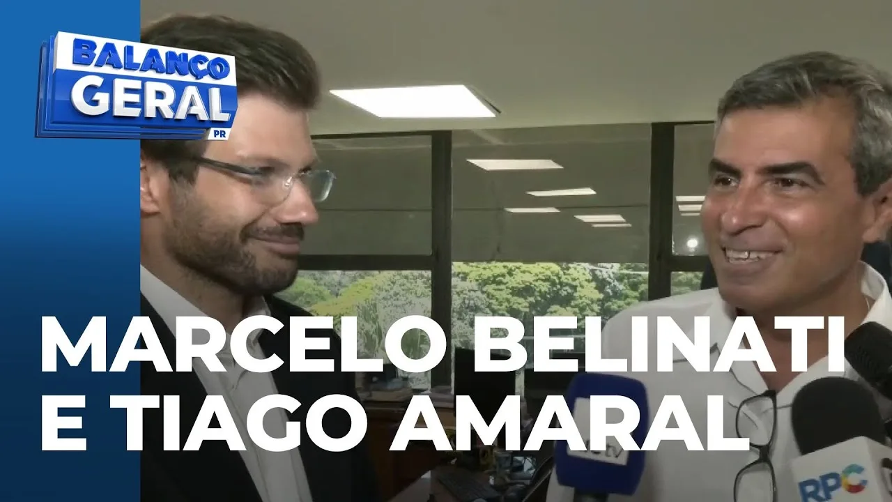 Marcelo Belinati, prefeito atual, e Tiago Amaral, prefeito eleito, em primeira reunião de trabalho