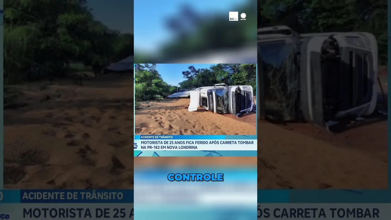 Motorista de 25 anos fica ferido após carreta tombar na PR-182 em Nova Londrina