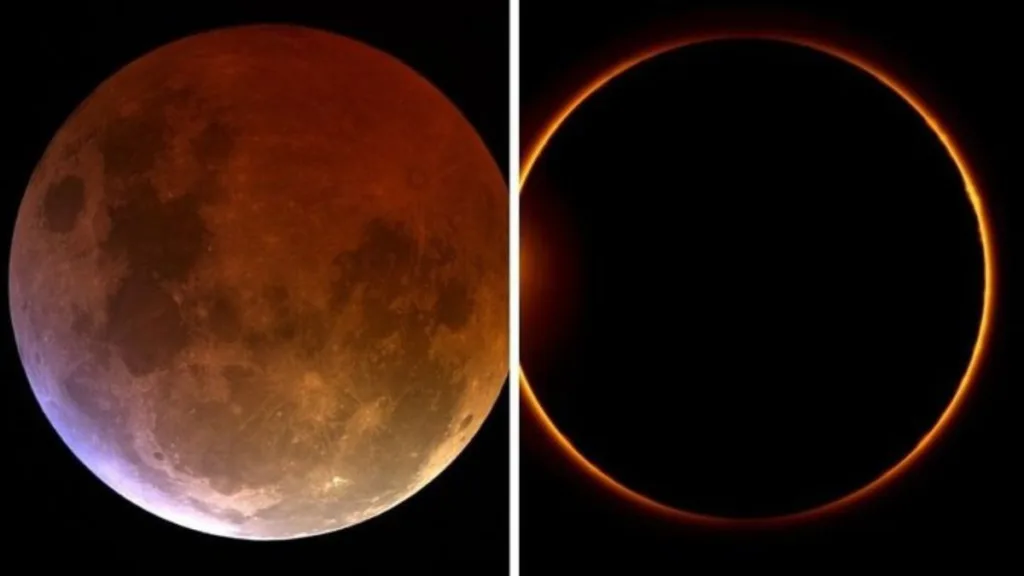 Imagem de um eclipse lunar à esquerda, quando a Terra se posiciona entre o Sol e a Lua. Eclipse solar à direita, quando a lua se posiciona entre a Terra e o Sol