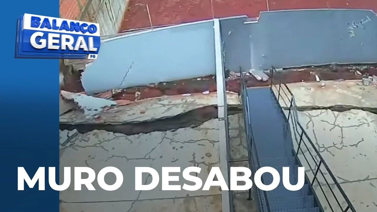 Câmera registra desabamento de muro em condomínio de Apucarana