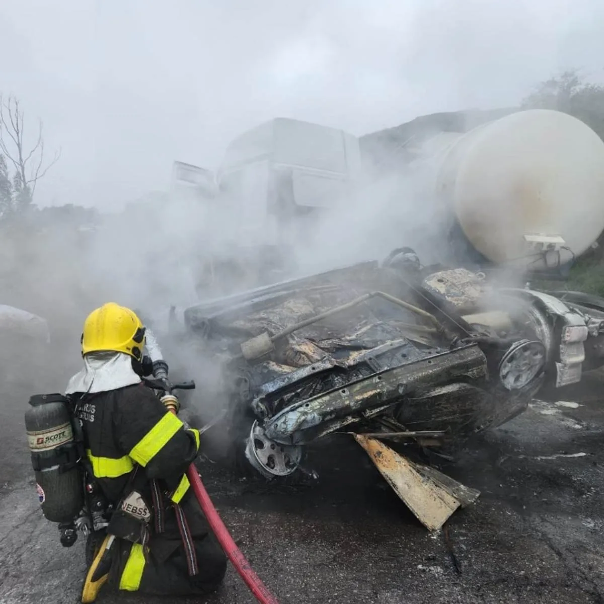 Acidente entre carro e caminhão deixa 2 mortos na BR-381; vítima morreu carbonizada