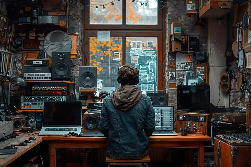 Homem olha computador em sala cheia de equipamentos musicais