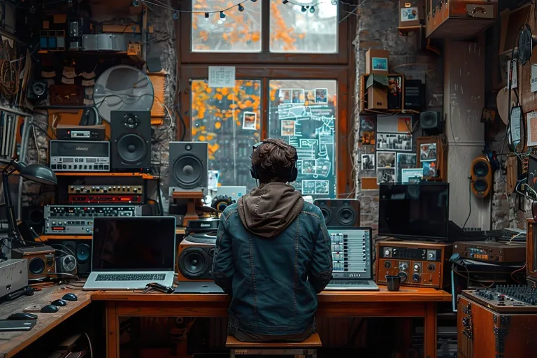 Homem olha computador em sala cheia de equipamentos musicais
