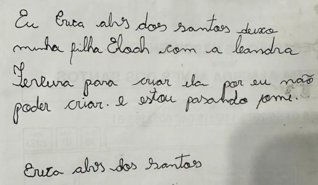 Carta apresentada por mulher suspeita de raptar Eloah