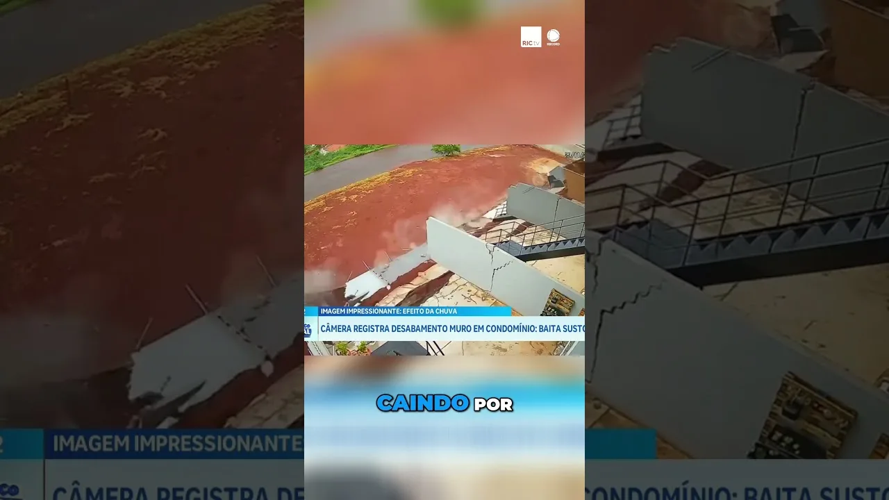 Câmera registra desabamento de muro em condomínio de Apucarana