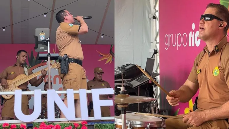 Banda da Polícia Militar se apresenta na Arena Mundo Ric e faz público dançar