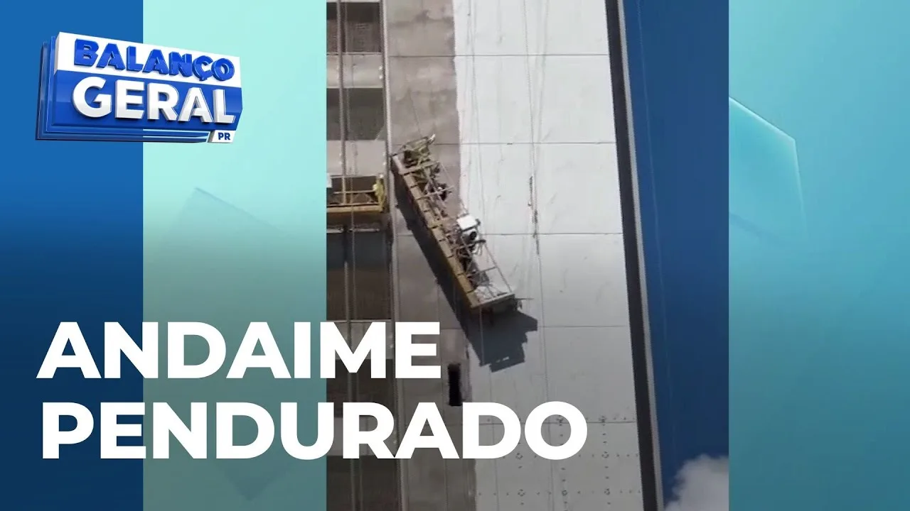 Cabo arrebenta e andaime fica pendurado com operários