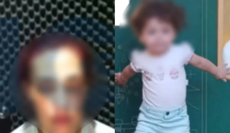 Mulher durante audiencia e criança ao lado