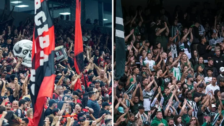 Torcidas de Athletico e Coritiba foram em bom número na estreia no Paranaense 2025. Fotos: Divulgação/Athletico e Divulgação/Coritiba