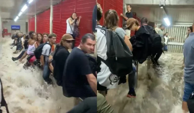 Pessoas tentando se livrar da água sentando em corrimões (Foto: colaboração)