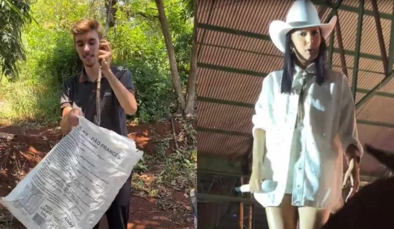 A artista recebeu em mãos um pé de mandioca