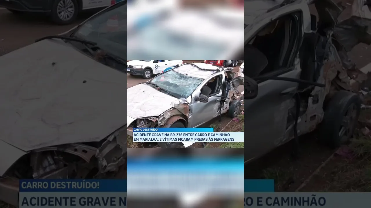 Acidente na BR-376, entre carro e caminhão, deixa 2 pessoas presas nas ferragens