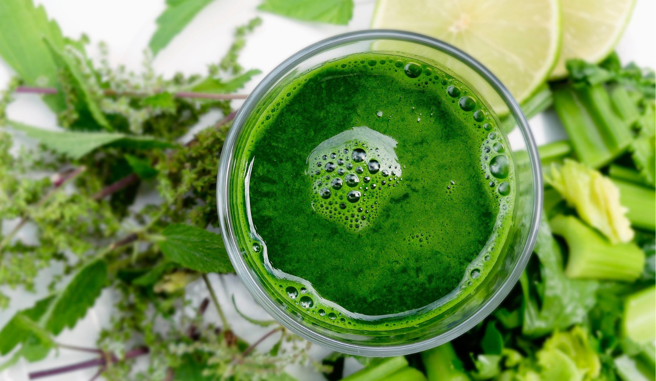 suco smoothie com folhas das plantas ao redor