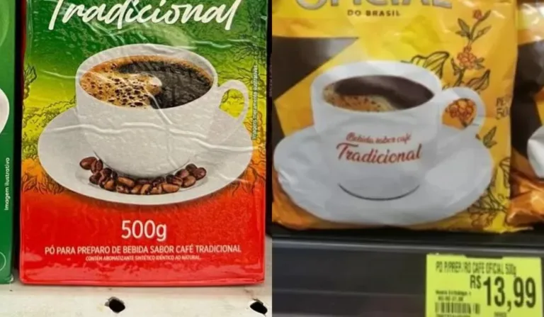 A imagem contém duas embalagens de café com a escrita “pó para preparo de bebida sabor café”.