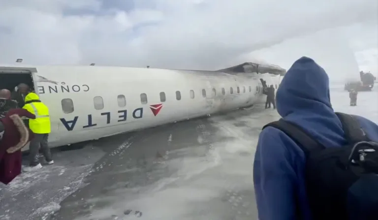 avião de ponta cabeça após acidente em toronto, no canadá