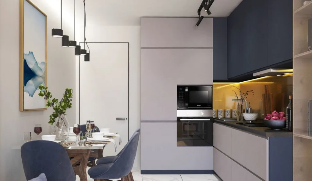 foto de uma cozinha com armários azuis em um apartamento