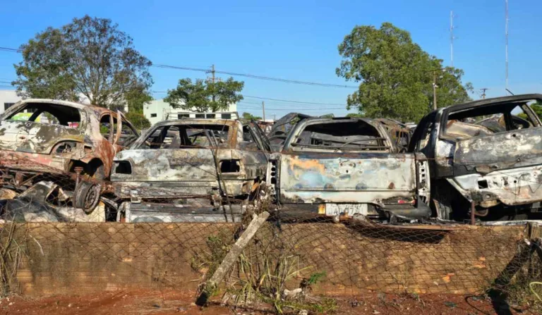 Carros danificados após incêndio no pátio do Detran, em Cascavel.