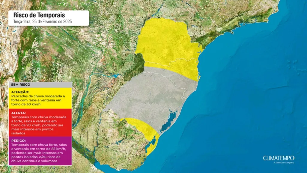Mapa aponta que todas as regiões do estado estão sob risco de pancadas de chuva