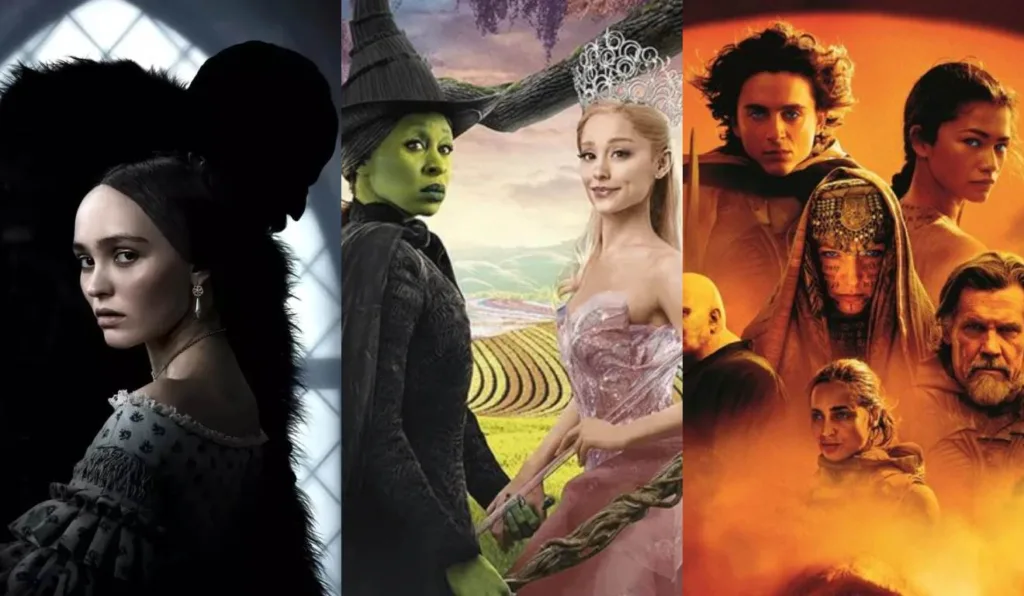 Cartazes dos filmes 'Nosferatu', 'Wicked' & 'Duna Parte 2'.