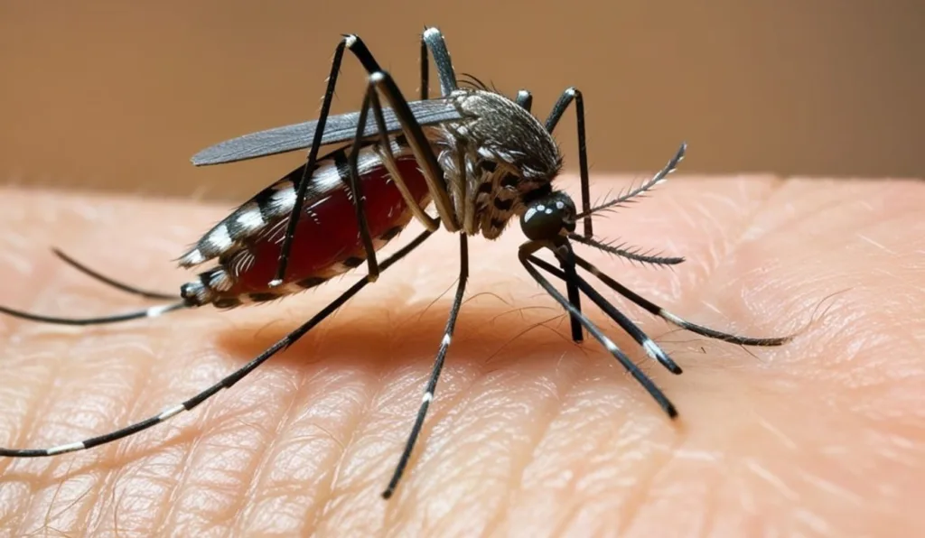 Mosquito da dengue em pele humana