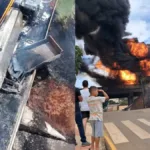 Logo após o impacto, uma explosão de grandes proporções consumiu os veículos e interditou a rodovia.