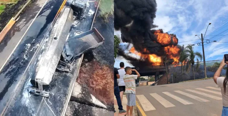 Logo após o impacto, uma explosão de grandes proporções consumiu os veículos e interditou a rodovia.