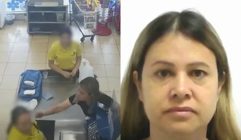 mulher esfaqueando operadora de caixa e mulher séria