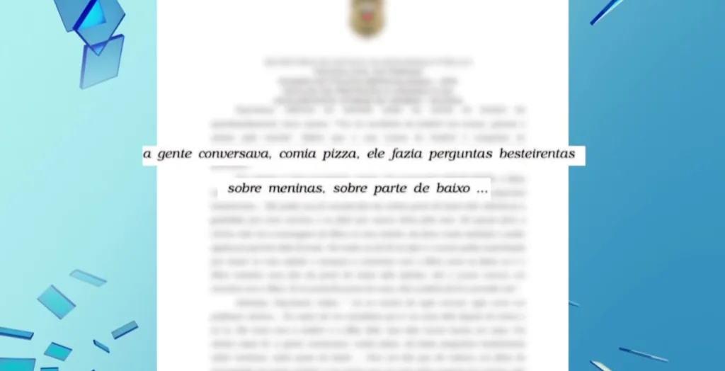 Print do depoimento de um dos alunos relatando que o professor atraía vítimas convidando-as para comer pizza.