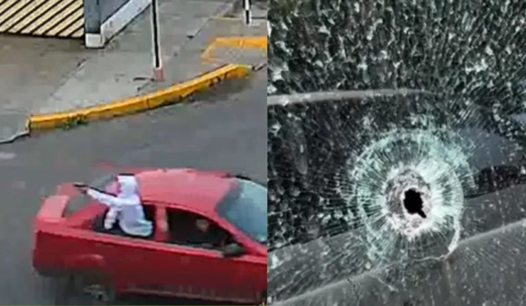 O lado esquerdo da imagem mostra o momento em que o atirador aparece na janela do carro. O Lado direito da imagem mostra um dos carros que foi danificado.
