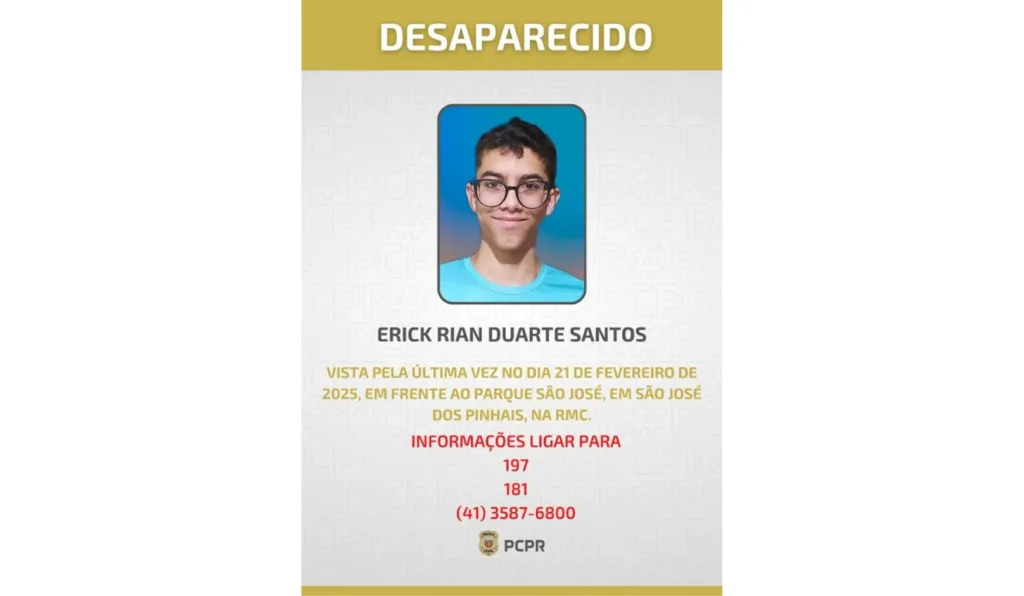 Cartaz de desaparecimento de Erick Santos.