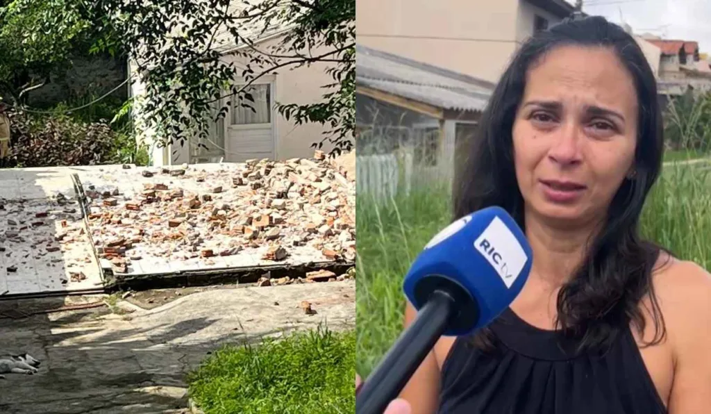 mulher ao lado do muro desabado em curitiba