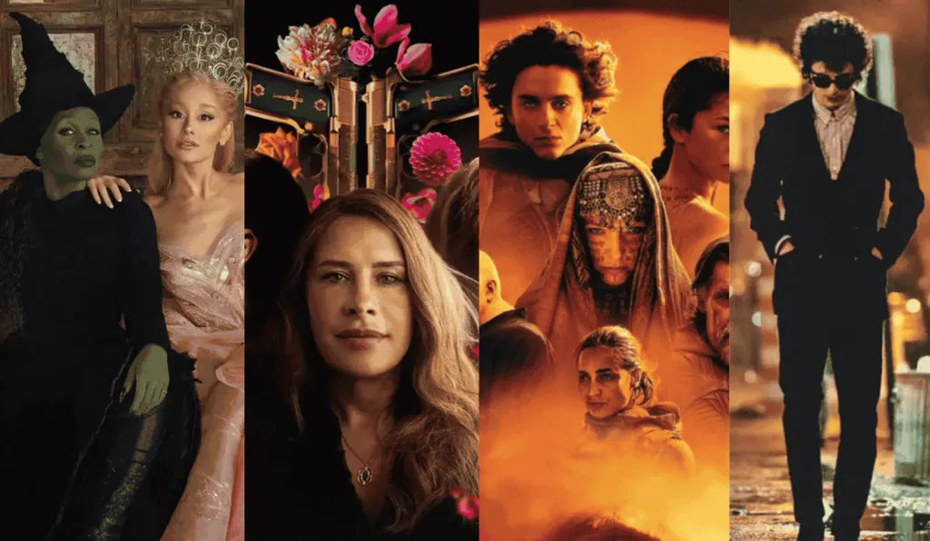 Cartazes dos filmes Wicked, Emilia Perez, Duna Parte 2 e Um Completo Desconhecido.