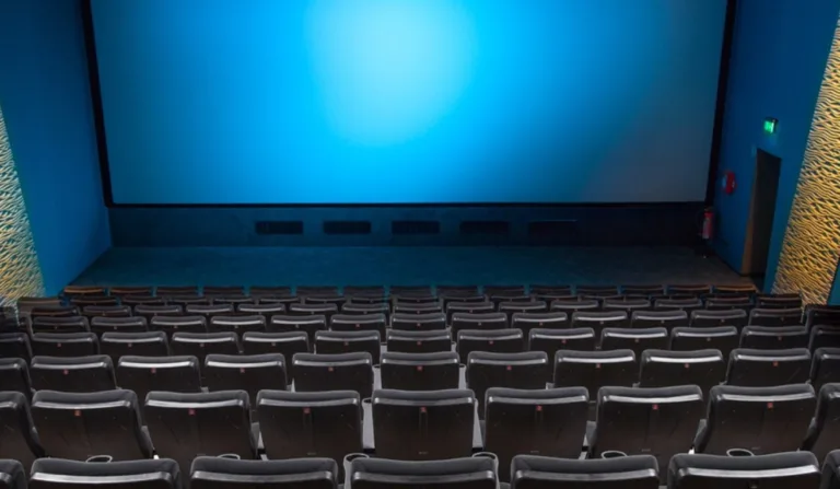 A imagem mostra uma sala de cinema com diversas cadeiras.
