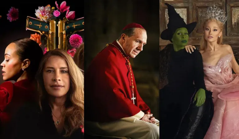 Cartazes dos filmes 'Emília Peres', 'Conclave' e 'Wicked'.