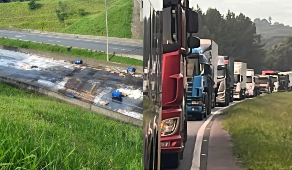 Fila de veículos no Contorno Leste e produto químico derramado na pista.