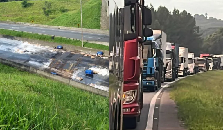 Fila de veículos no Contorno Leste e produto químico derramado na pista.
