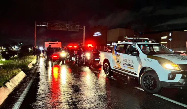 Policiais da RONE da Polícia Científica, em pista da BR-277, em Curitiba