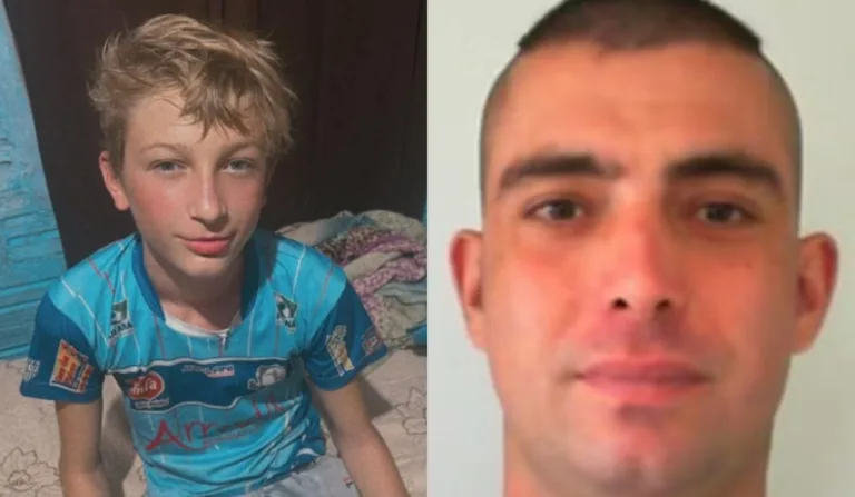 Menino loiro dos olhos azuis e homem sorrindo em foto