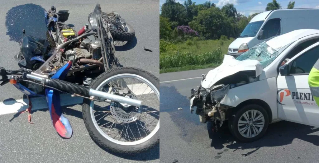 Montagem com a moto e o carro envolvidos no acidente na BR-277, em Morretes