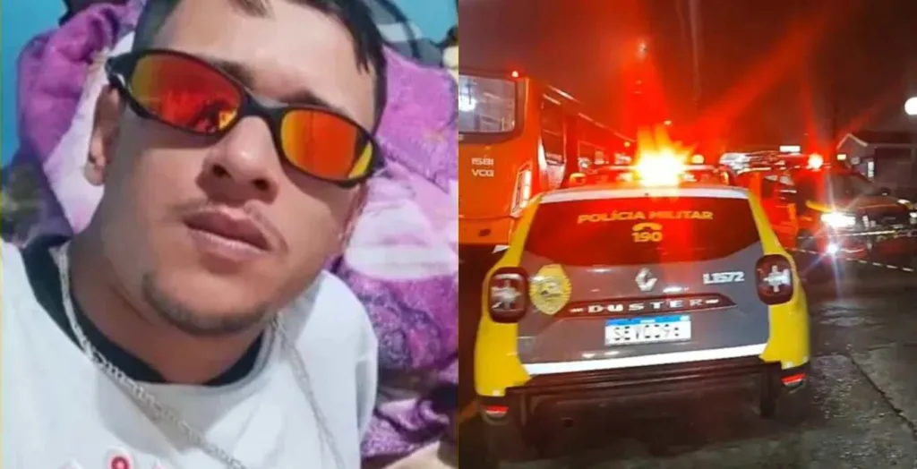 Montagem com a foto de Nicolas Matheus Chaves Rosa e imagens do local onde ele foi assassinado em Ponta Grossa, com presença da polícia e detalhes da área do crime