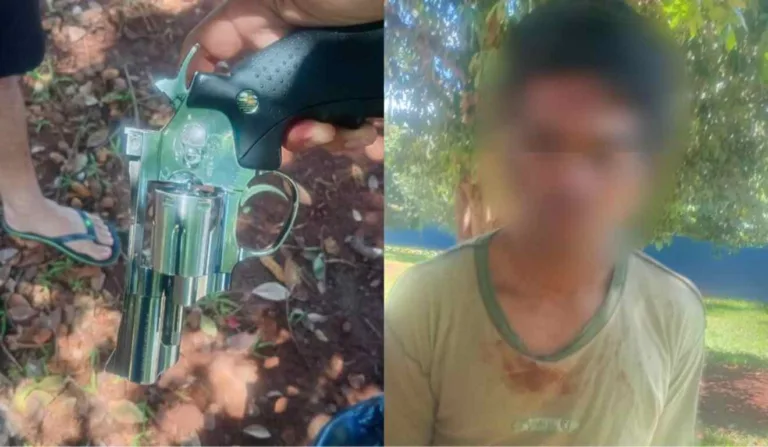 Do lado esquerdo, pistola de brinquedo. Do lado direito, suspeito de estuprar garota de 12 anos.