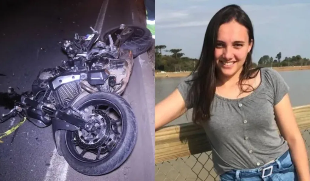 Mulher sorrindo em foto e moto caída