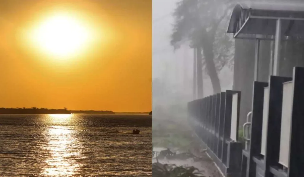 Foto é uma montagem de um dia de sol, com um dia de tempestade, que mostra os efeitos provocados pela passagem da frente fria no Paraná