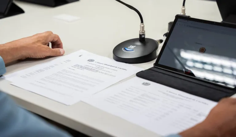 Mãos com documentos encima de uma mesa