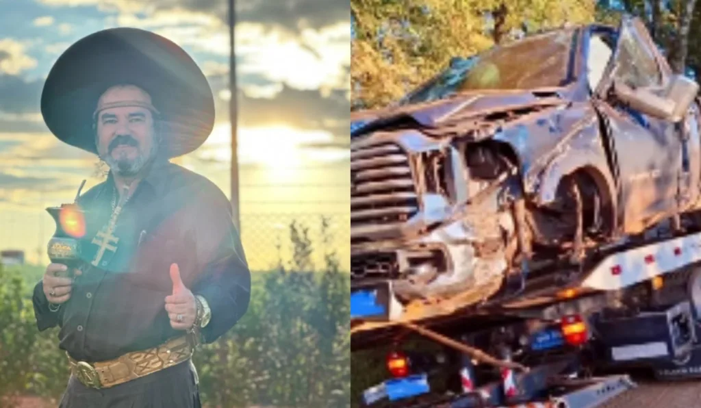 A imagem mostra o cantor Baitaca e seu veículo danificado no acidente.